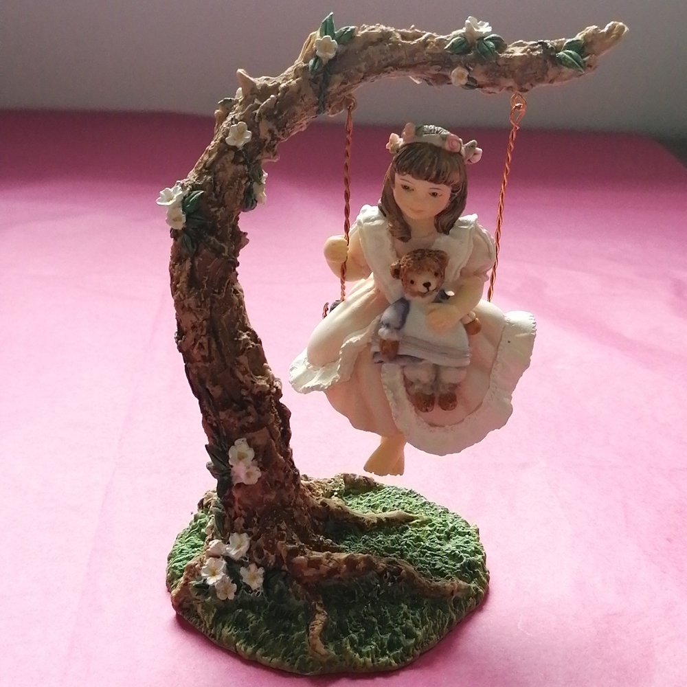Sandra Kuck Swing for Two, 6" tall, girl on a tree swing with her teddy bear
